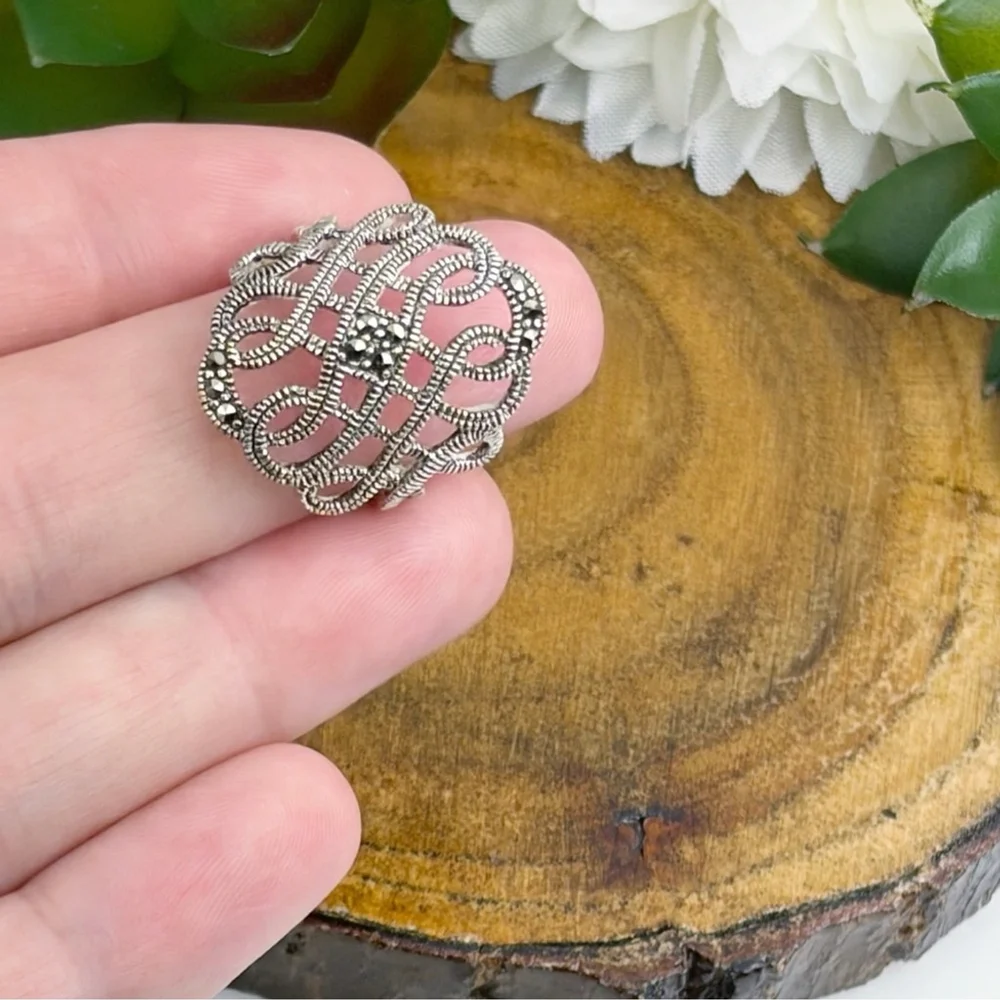 Vintage Art Deco Style Marcasite Ring Size 6 3/4 Size 6.75 Sterling Silver 925